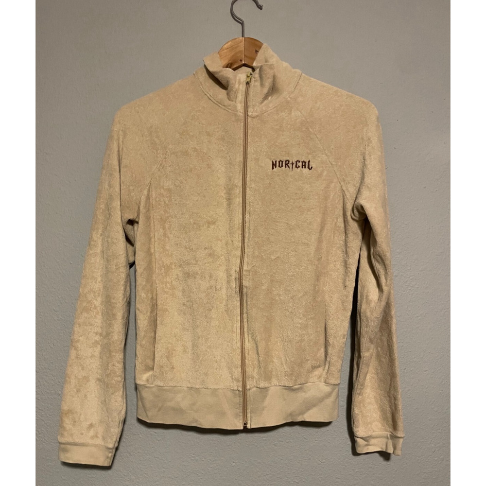 Nor Cal Womens Sweatshirt Medium Beige Terry Embroidered Full Zip Grunge Y2K